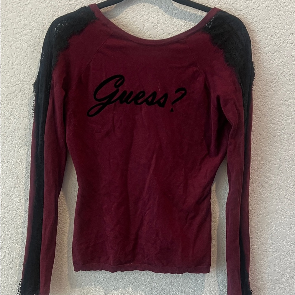 Guess Women's Burgundy and Black Lace Sleeve Top